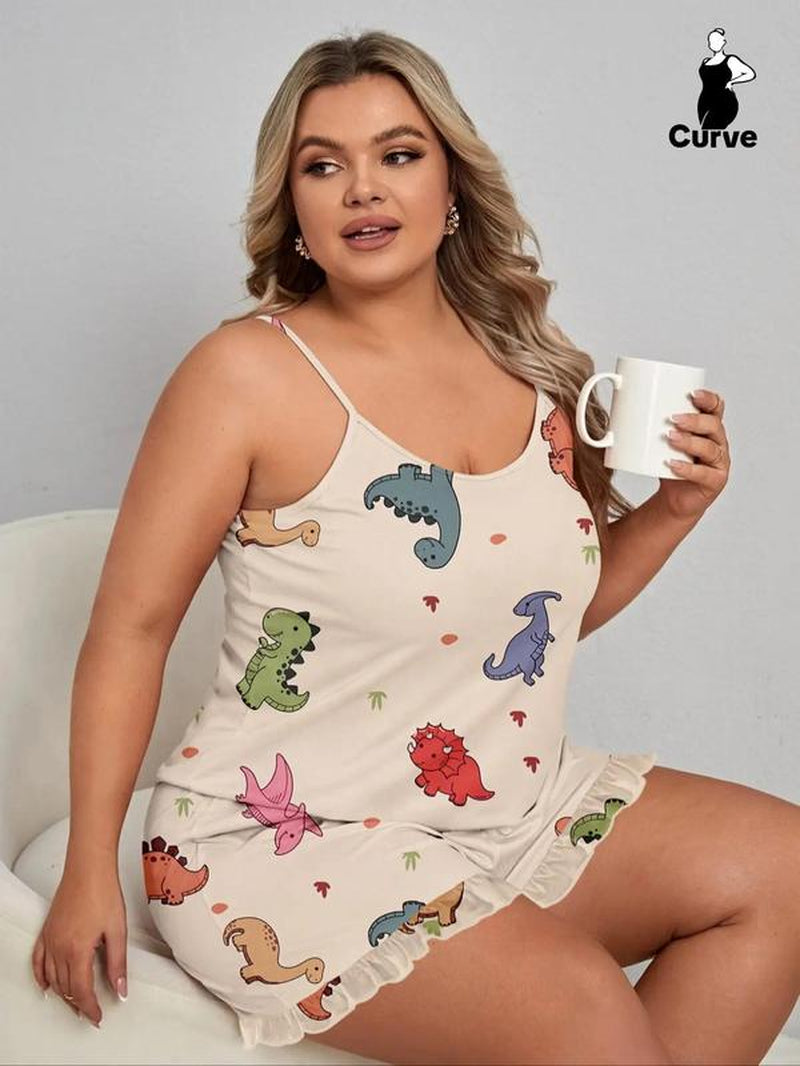 【Plus Size】 2 Pieces Dinosaur Print Cami Top & Ruffle Hem Elastic Waist Shorts Pyjama Set, Women Cute Nightwear, Summer Clothes Women, Comfy Sleeveless Top & Shorts Set, PJ Sets for Women, Summer Wear 2024, Back to School Clothing