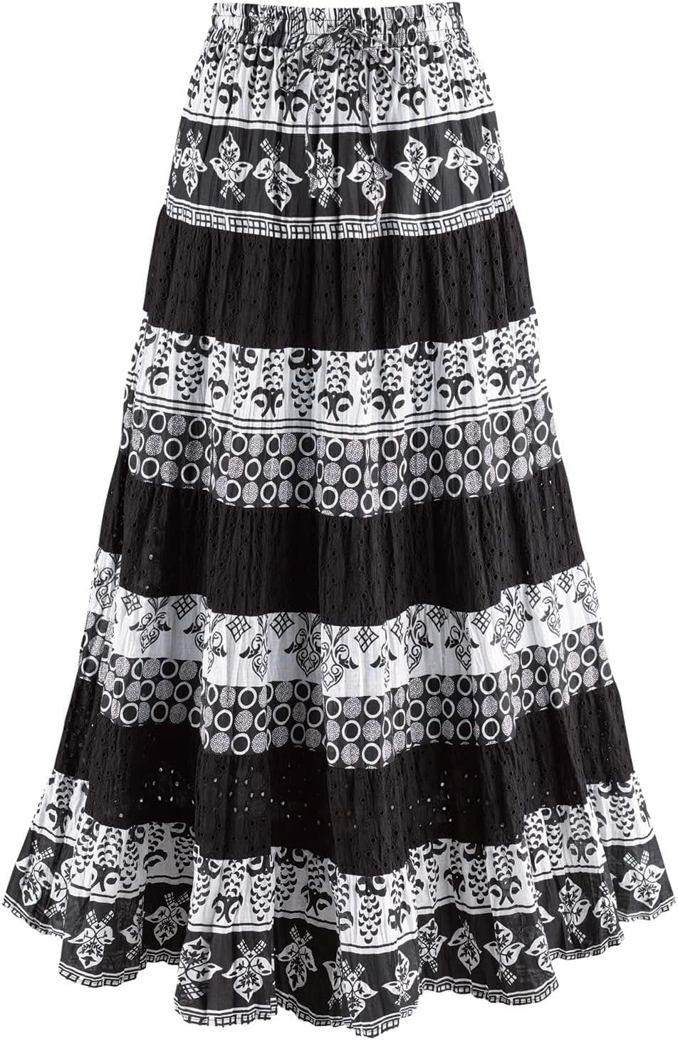 Womens Boho Skirt Long Floral Skirt Tiered Maxi Skirt Black/White, 1X