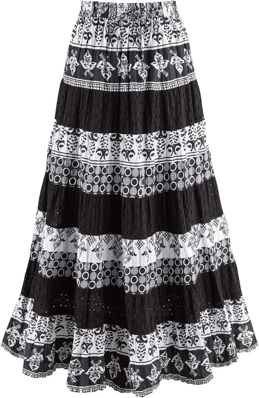 Womens Boho Skirt Long Floral Skirt Tiered Maxi Skirt Black/White, 1X