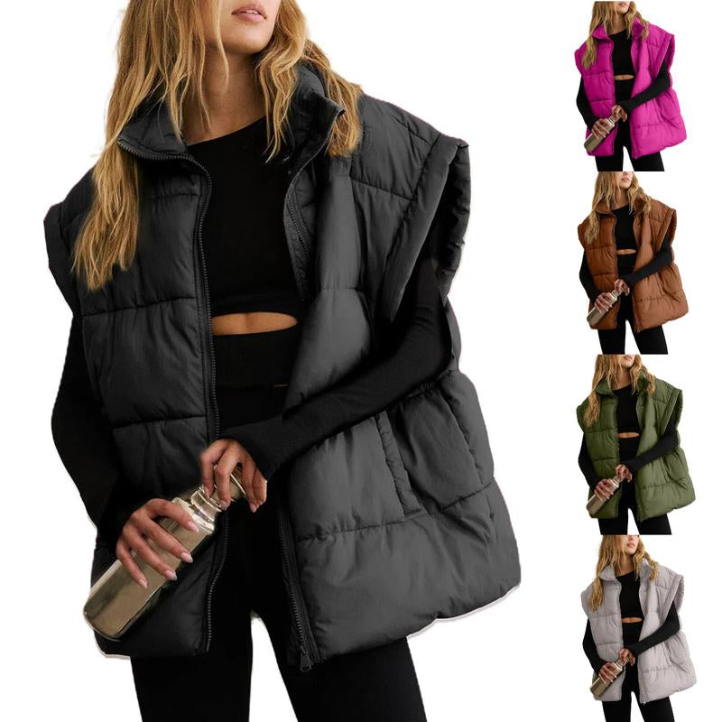 SCUSTY Women Winter Oversized Puffer Vest Insulated Padded Flysleeve Lightweight Stand Collar Puffy Jackets Coat with Pockets