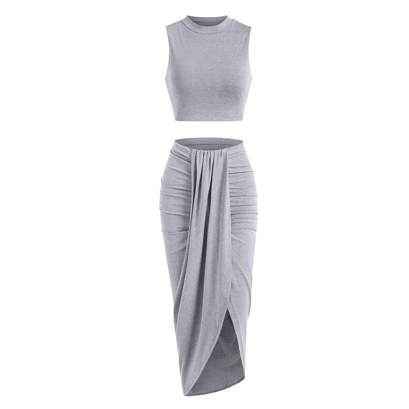 Women'S Casual Sleeveless Summer Two Piece Outfits Crop Top and Side Split Draped Ruched Maxi Skirt Set Solid Suiting Womenswear Overalls Knit 2Piece