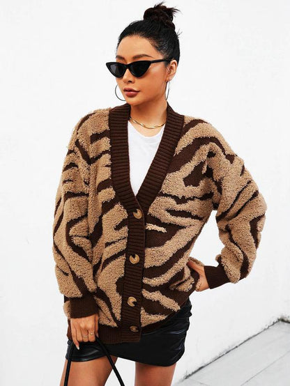 Women'S Zebra Stripe Print Button Front Cardigan, Fall Outfits, Fallfreshness Casual Drop Shoulder Long Sleeve V Neck Knitwear for Fall & Winter, Fashion Women'S Knit Clothing for Daily Wear