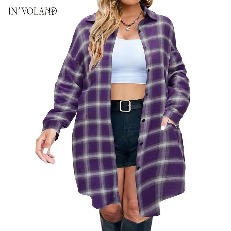 IN'VOLAND Womens plus Size Plaid Flannel Shirt Long Sleeve Button down Blouses Tops Shacket Jackets Coats with Pockets Chic Fashion Lightweight