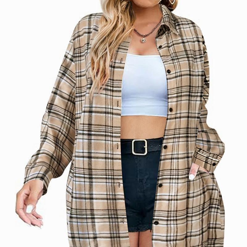 IN'VOLAND Womens plus Size Plaid Flannel Shirt Long Sleeve Button down Blouses Tops Shacket Jackets Coats with Pockets Chic Fashion Lightweight