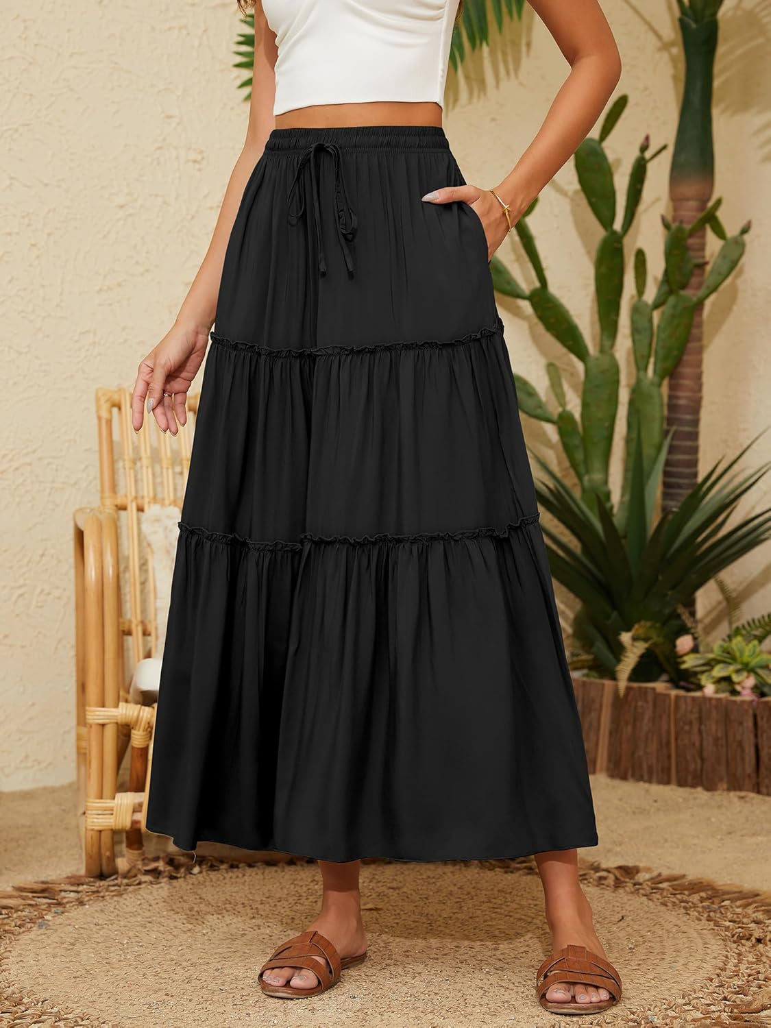 Women'S Skirt High Elastic Waisted Pockets Drawstring Swing Ruched Tiered Maxi Skirt