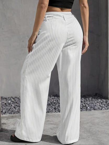 Women'S All over Striped Print Pocket Wide Leg Pants, Casual Comfy Trousers for Spring & Fall, Women'S Bottoms for Daily Wear