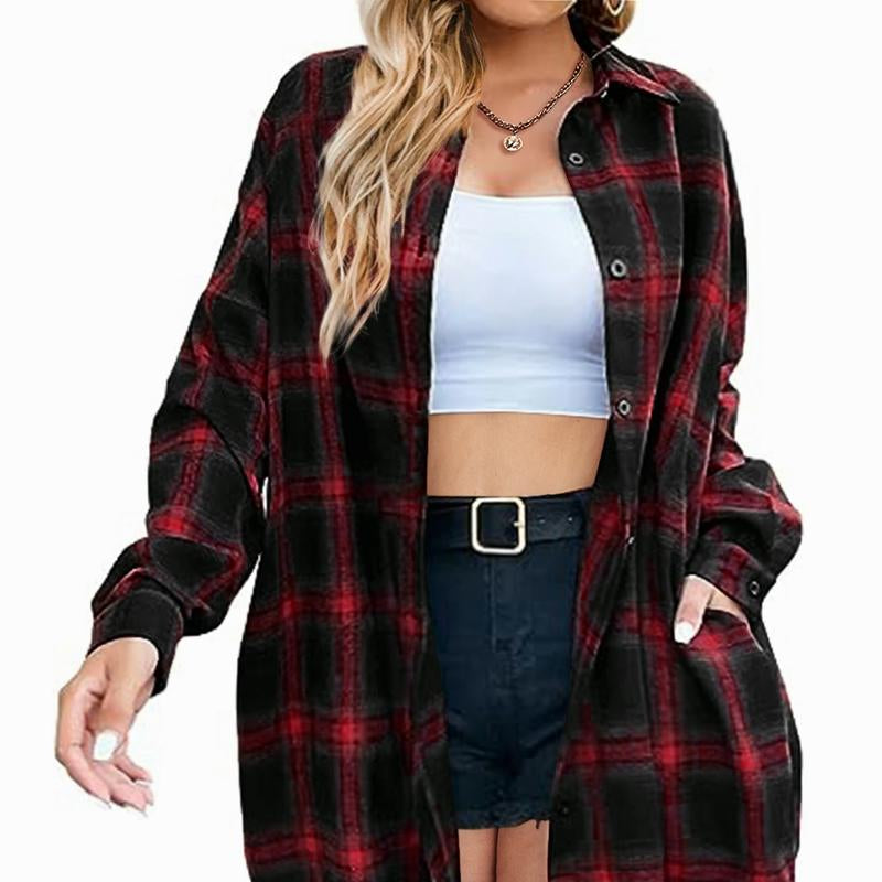 IN'VOLAND Womens plus Size Plaid Flannel Shirt Long Sleeve Button down Blouses Tops Shacket Jackets Coats with Pockets Chic Fashion Lightweight