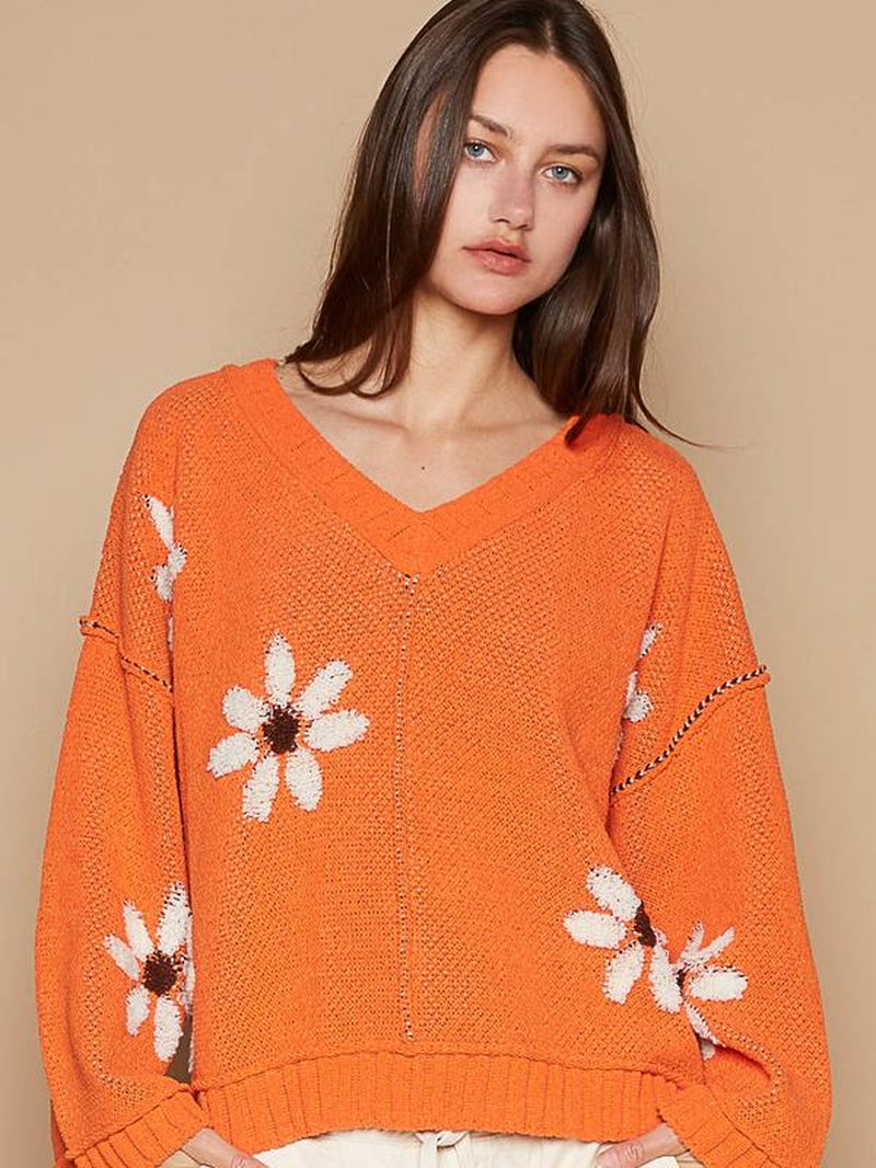 Pol Designed in V-Neck Long Sleeve, Relaxed Fit Top in Chenille with Outseam Rolling Edge Detailing, Berber Flower Print, Pullover Orange Sweater. Fall Sweater Oversized Sweater Everyday Womenswear Autumn Clothing