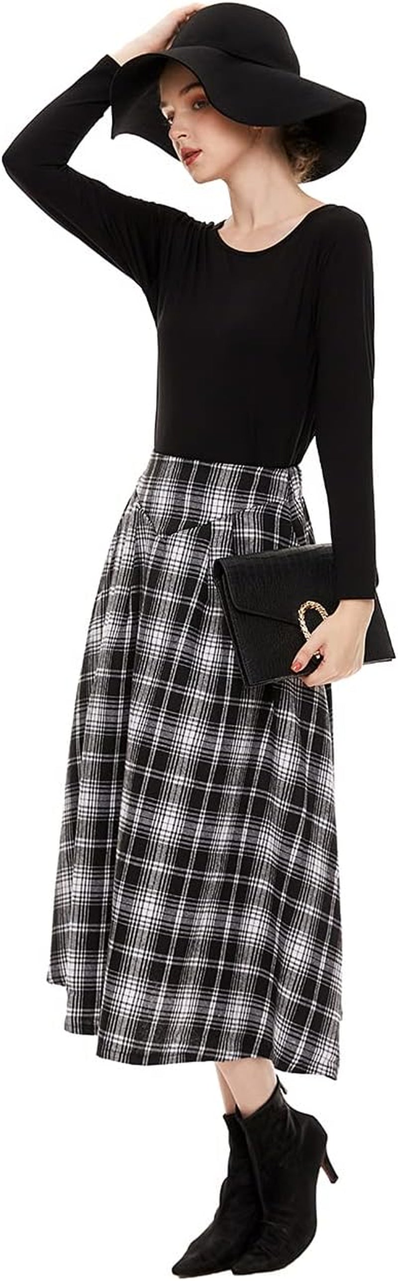 Black and White Pleated Skirt, Fall Midi Skirt, Winter Maxi Skirt, Women'S High Waist Fit and Flare A-Line Swing Skirt for Party Graduation Tea Parties (Black and White, S)