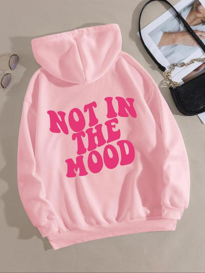 Women'S "Not in the Mood" Letter Print Drop Shoulder Graphic Hoodie, Drawstring Longsleeves Hooded Sweatshirt for Daily Wear, Essential Hoodies, Mean Girls Outfit, Graphic Hoodie, Fall Outfits 2024, Women'S Back to School Clothing for Spring & Fall