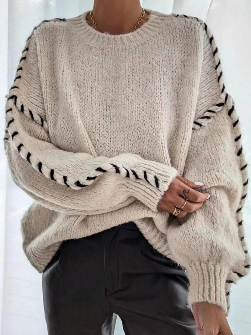 Women'S Contrast Binding Drop Shoulder Sweater, Casual Long Sleeve round Neck Jumper for Fall & Winter, Fashion Ladies' Knitwear for Daily Wear