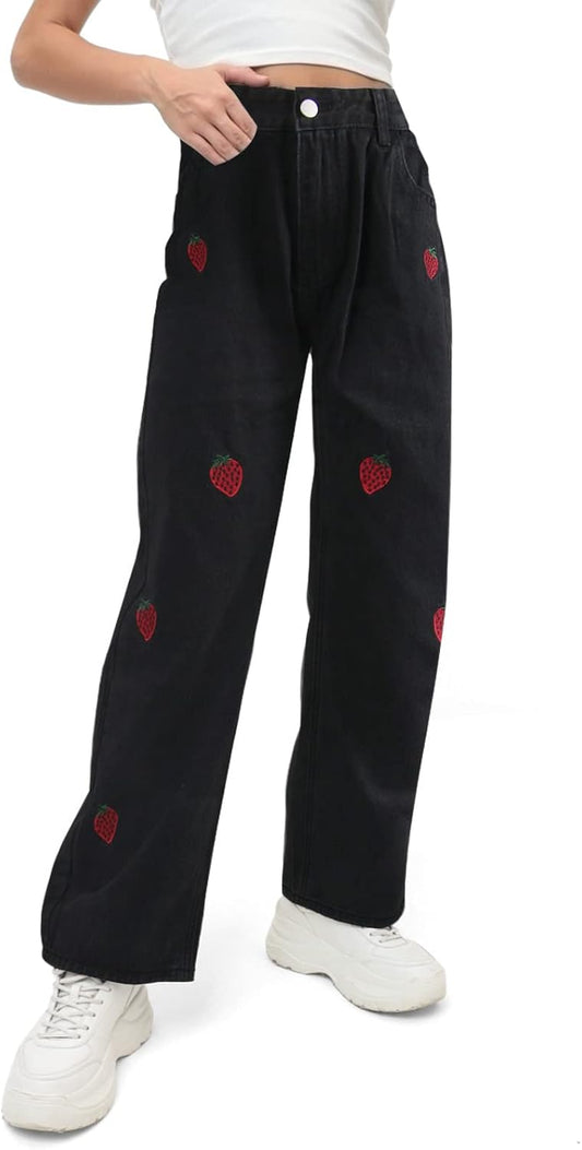 Embroidered Jeans for Women Cute Baggy Straight Leg Pants High Rise Washed Blue Black Denim Trouser (Black-3, 2XL)