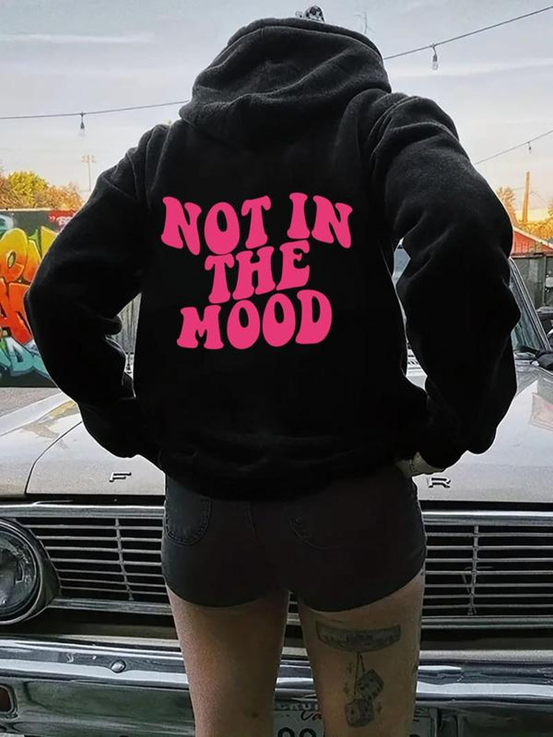 Women'S "Not in the Mood" Letter Print Drop Shoulder Graphic Hoodie, Drawstring Longsleeves Hooded Sweatshirt for Daily Wear, Essential Hoodies, Mean Girls Outfit, Graphic Hoodie, Fall Outfits 2024, Women'S Back to School Clothing for Spring & Fall