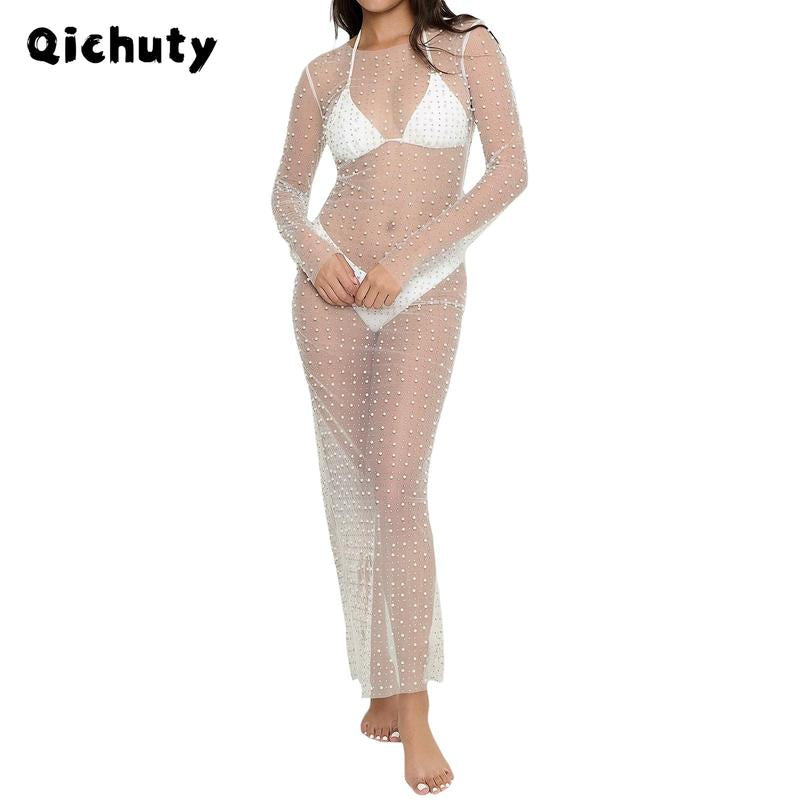 Women'S Pearl Rhinestone See through Cover up Dress Sexy Mesh Swimwear Modegal Swimsuit Bikini Beach Sunscreen Cover up Red plus Size