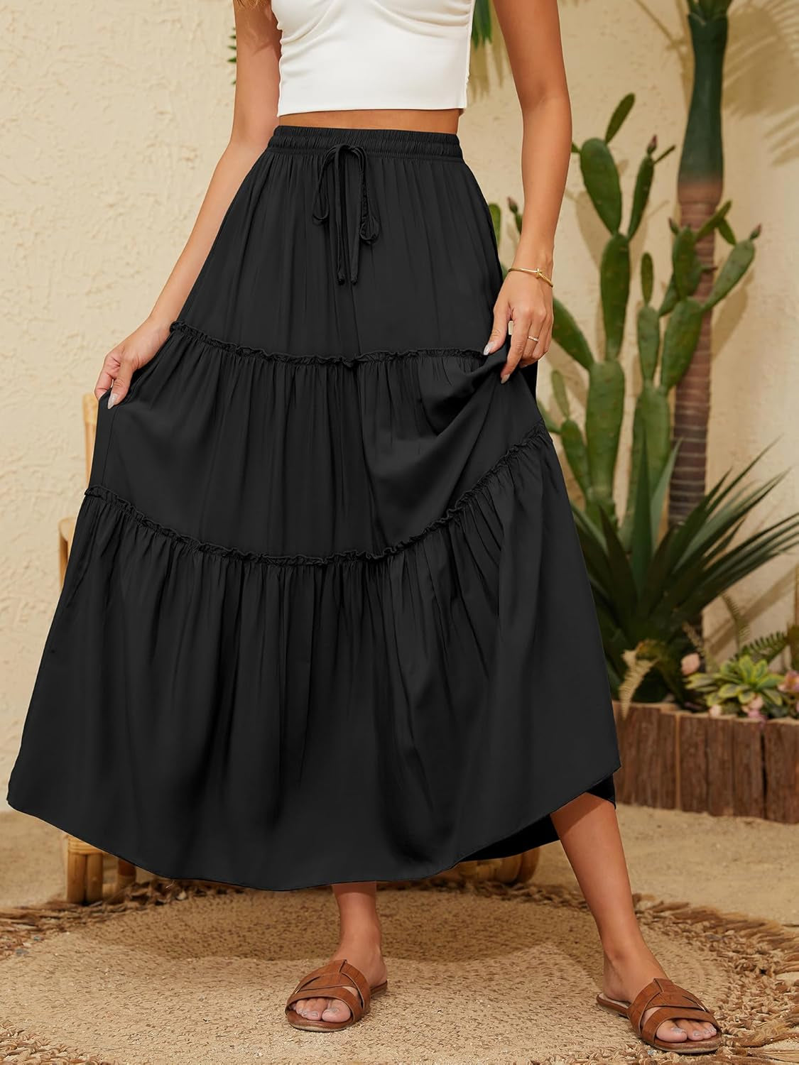 Women'S Skirt High Elastic Waisted Pockets Drawstring Swing Ruched Tiered Maxi Skirt