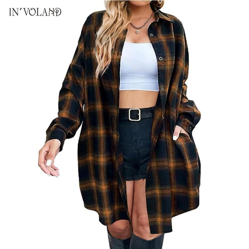 IN'VOLAND Womens plus Size Plaid Flannel Shirt Long Sleeve Button down Blouses Tops Shacket Jackets Coats with Pockets Chic Fashion Lightweight