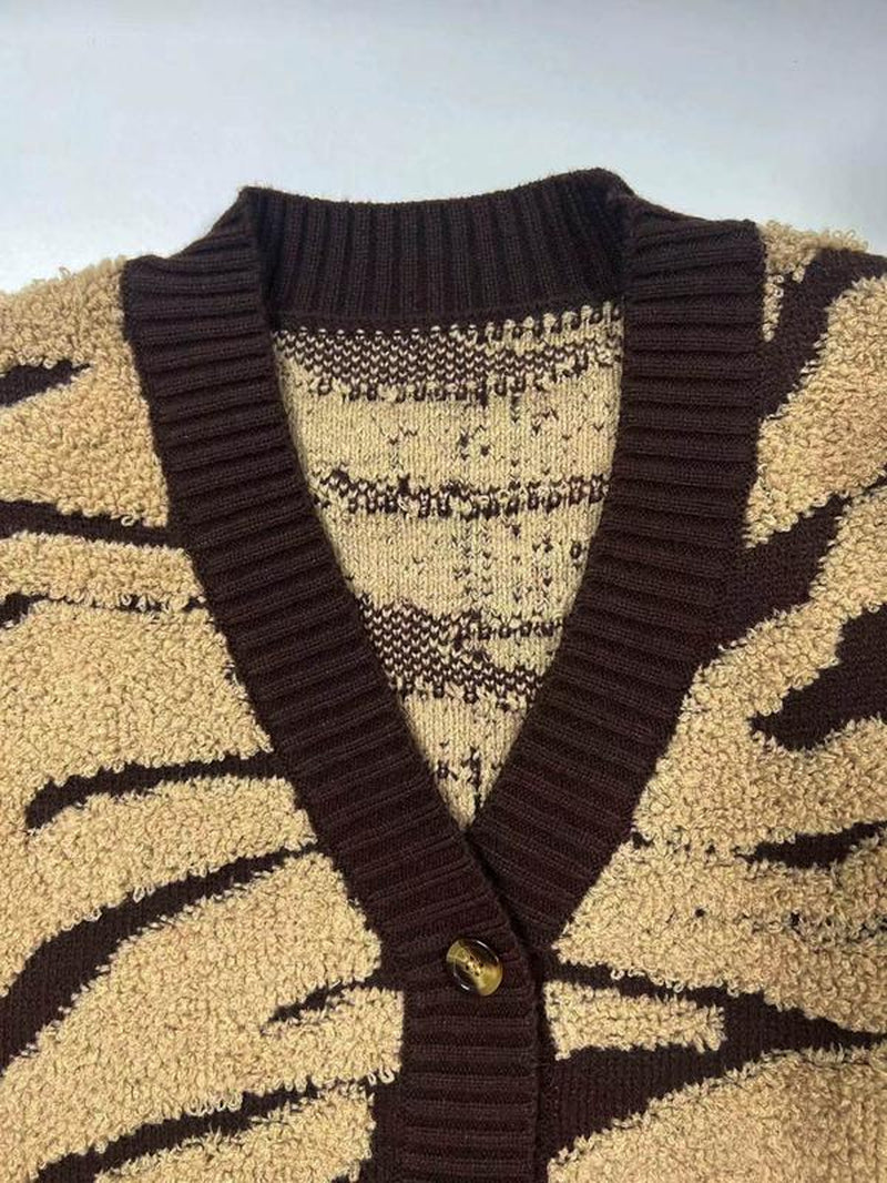 Women'S Zebra Stripe Print Button Front Cardigan, Fall Outfits, Fallfreshness Casual Drop Shoulder Long Sleeve V Neck Knitwear for Fall & Winter, Fashion Women'S Knit Clothing for Daily Wear