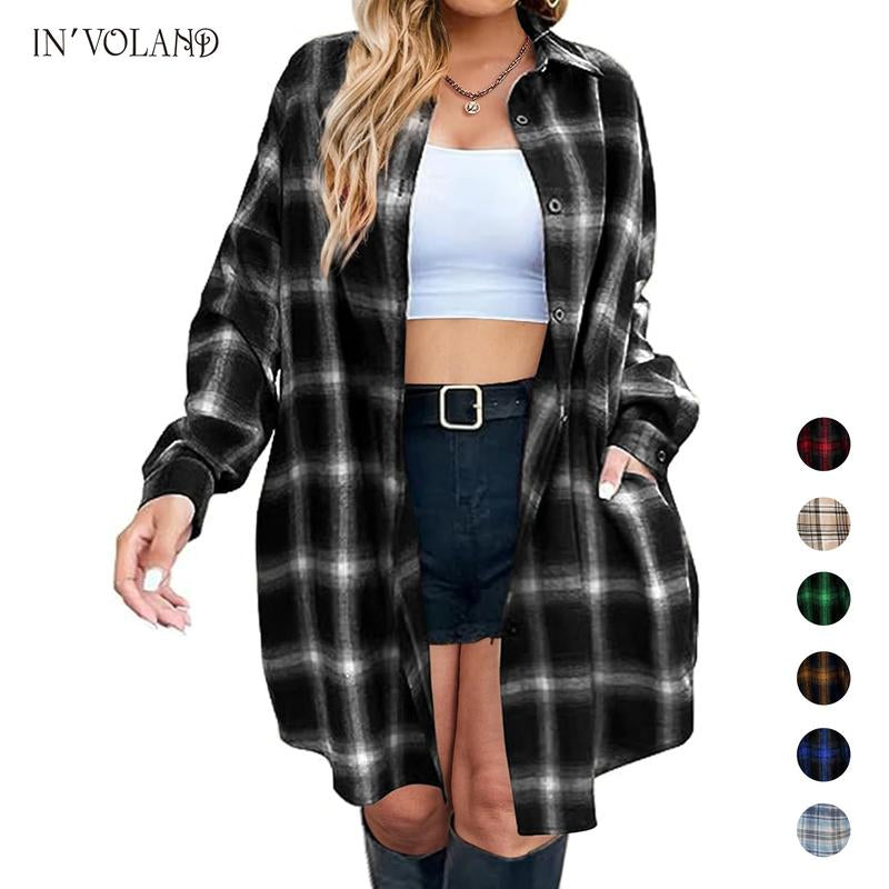 IN'VOLAND Womens plus Size Plaid Flannel Shirt Long Sleeve Button down Blouses Tops Shacket Jackets Coats with Pockets Chic Fashion Lightweight